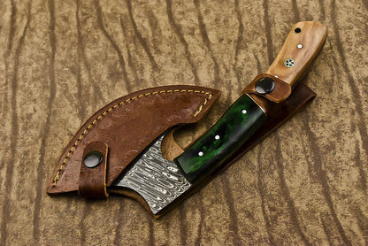 Custom Handmade Damascus Steel Olive Wood Hunting Clever Chopper Axe Knife with Leather Sheath