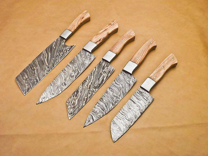Rody Stan Handmade Damascus Chef Knife Set – Lot of 5 Full Tang Kitchen Knives