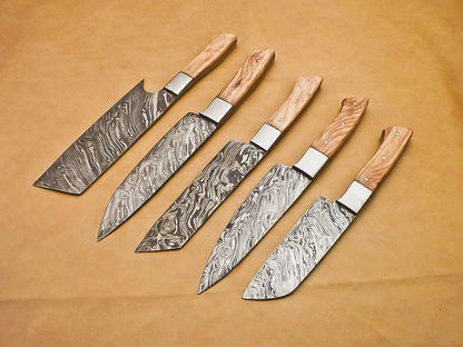 Rody Stan Handmade Damascus Chef Knife Set – Lot of 5 Full Tang Kitchen Knives