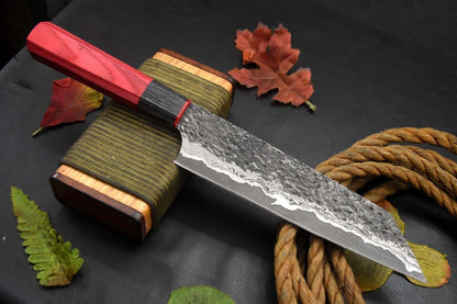 Custom Hammered San Mai Damascus Steel Chef Knife Handmade, Wooden Handle