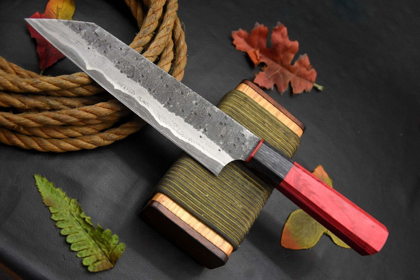 Custom Hammered San Mai Damascus Steel Chef Knife Handmade, Wooden Handle