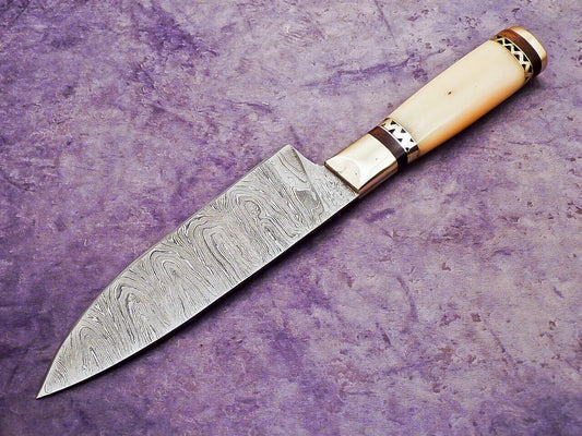 12" Custom Hand Forged Damascus Chef Knife with Camel Bone Handle