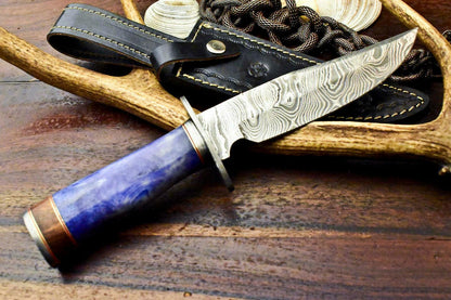 12" Damascus Bowie Knife – Camel Bone Handle and Leather Sheath