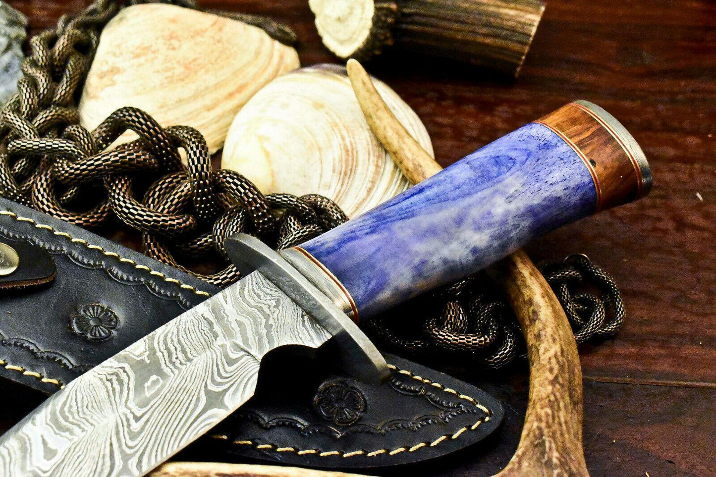 12" Damascus Bowie Knife – Camel Bone Handle and Leather Sheath
