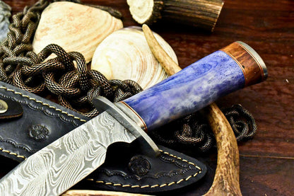 12" Damascus Bowie Knife – Camel Bone Handle and Leather Sheath