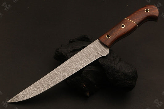 11.5" Damascus Fillet Knife Hand Forged Fire Damascus Steel Knife with Wood Handle