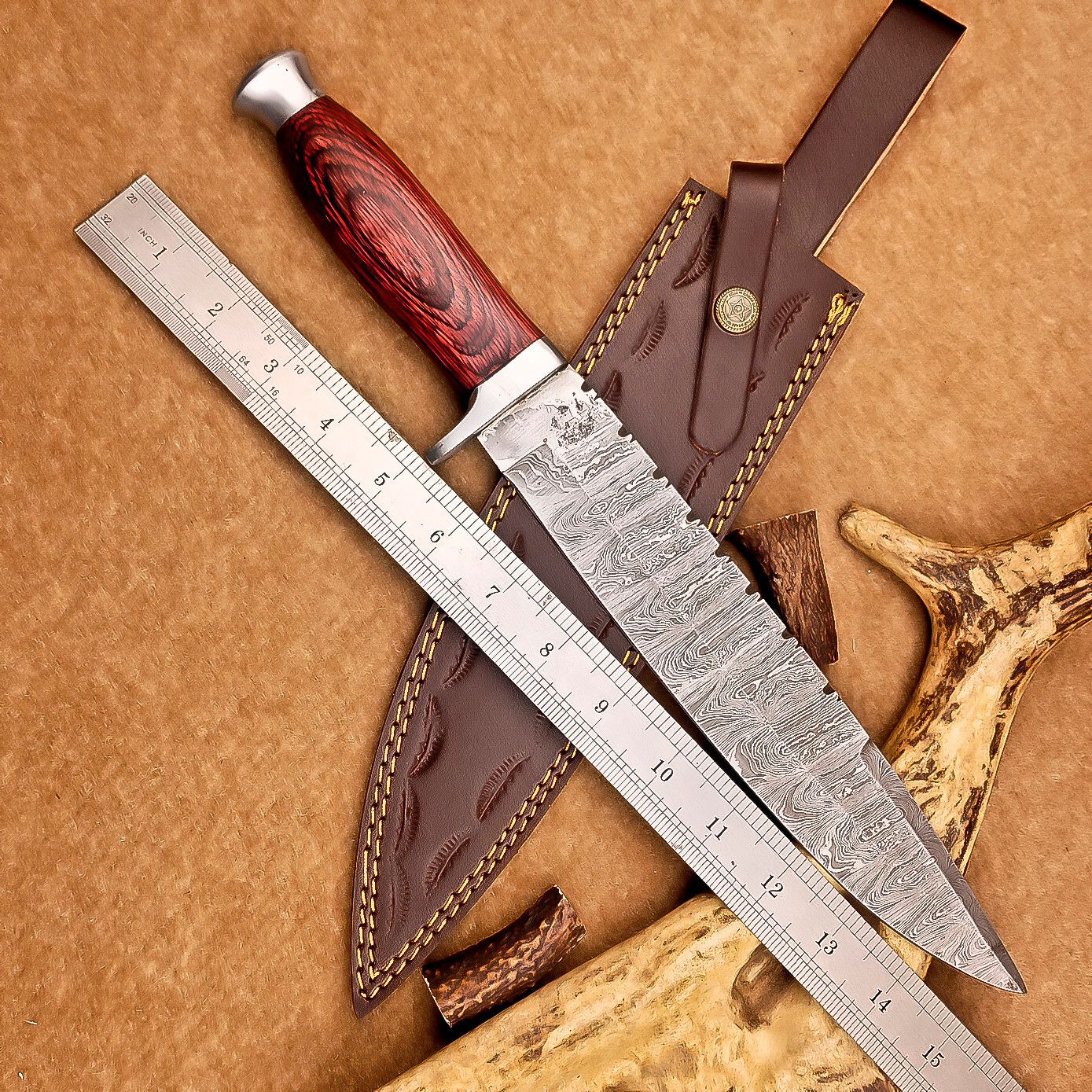 15 Inch Handmade Damascus Steel Bowie Knife with Hardwood Handle