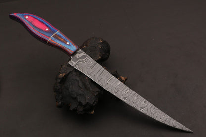 12" Hand Forged Twist Damascus Steel Fillet Knife Custom Fillet Knife With Leather Sheath