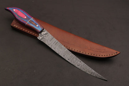 12" Hand Forged Twist Damascus Steel Fillet Knife Custom Fillet Knife With Leather Sheath