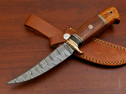 10.5 Inch Damascus Hunting Knife with Rosewood and Pakka Handle