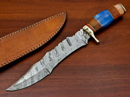 Handmade Damascus Steel Large Bowie Hunting Knife | Bone & Rosewood Handle