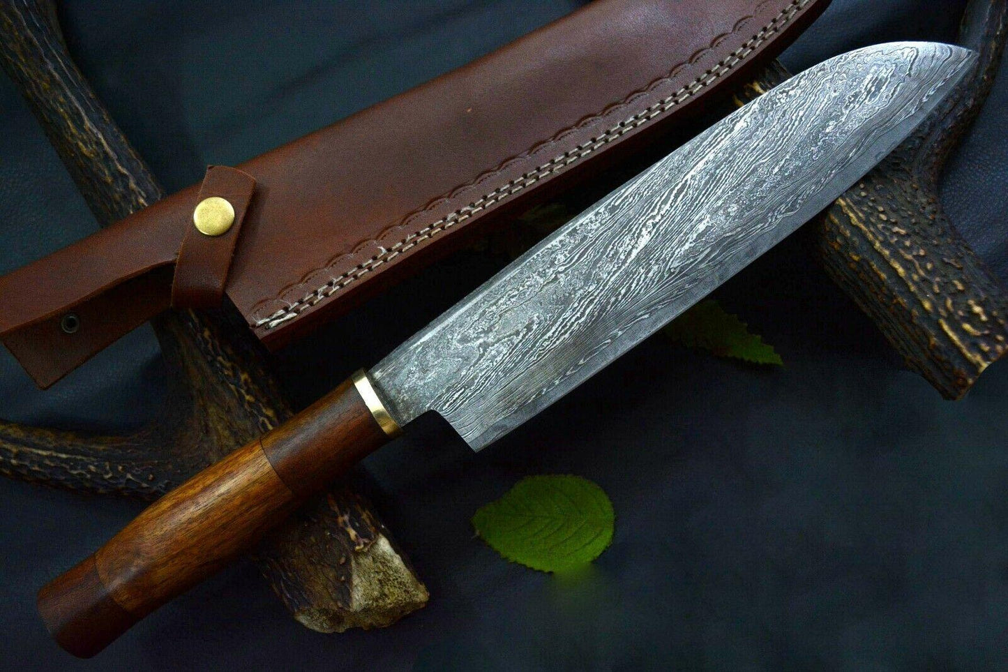 15.3" Custom San Mai Damascus Steel Chef Knife | Handmade Walnut Handle with Leather Sheath