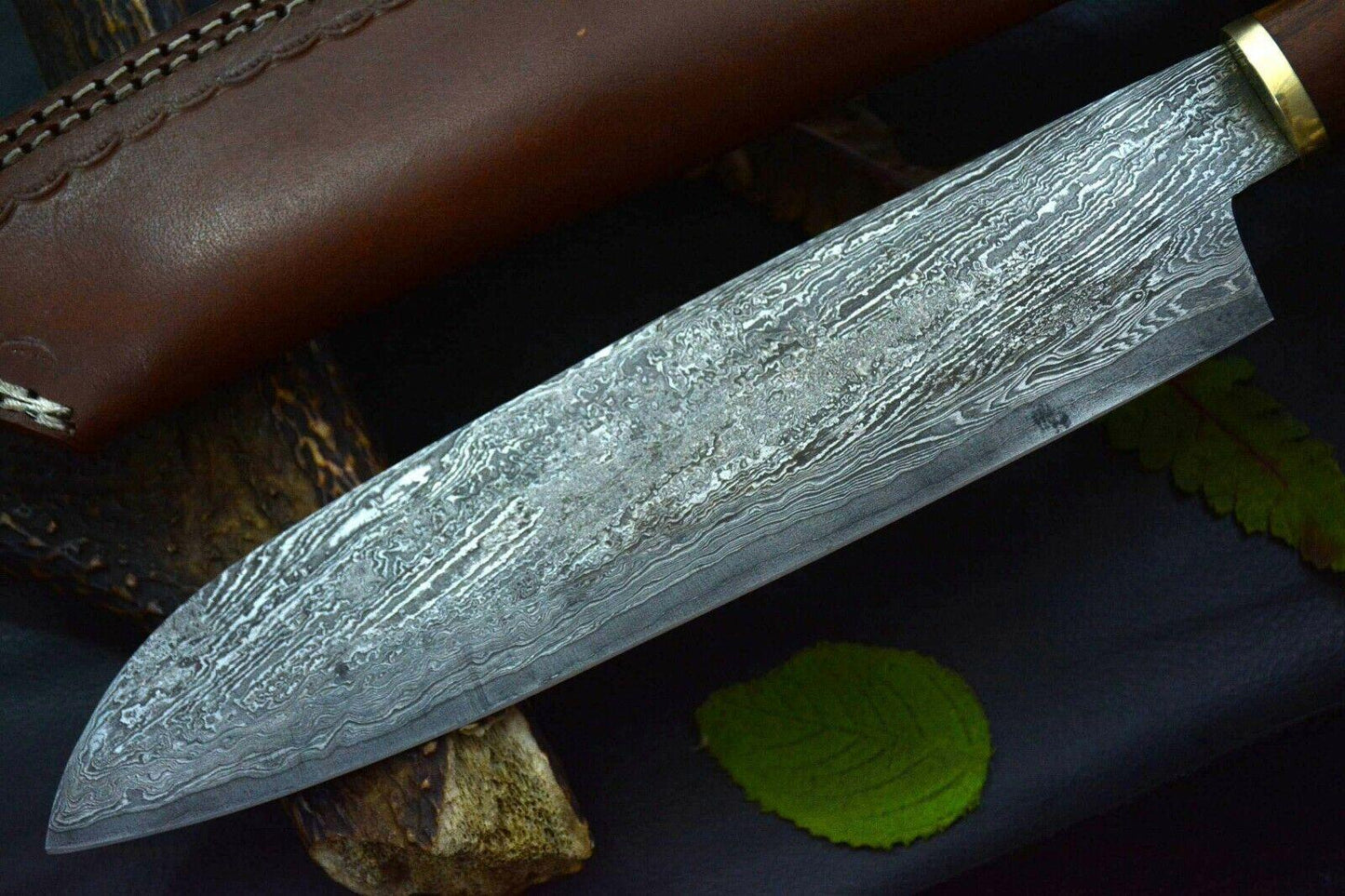 15.3" Custom San Mai Damascus Steel Chef Knife | Handmade Walnut Handle with Leather Sheath