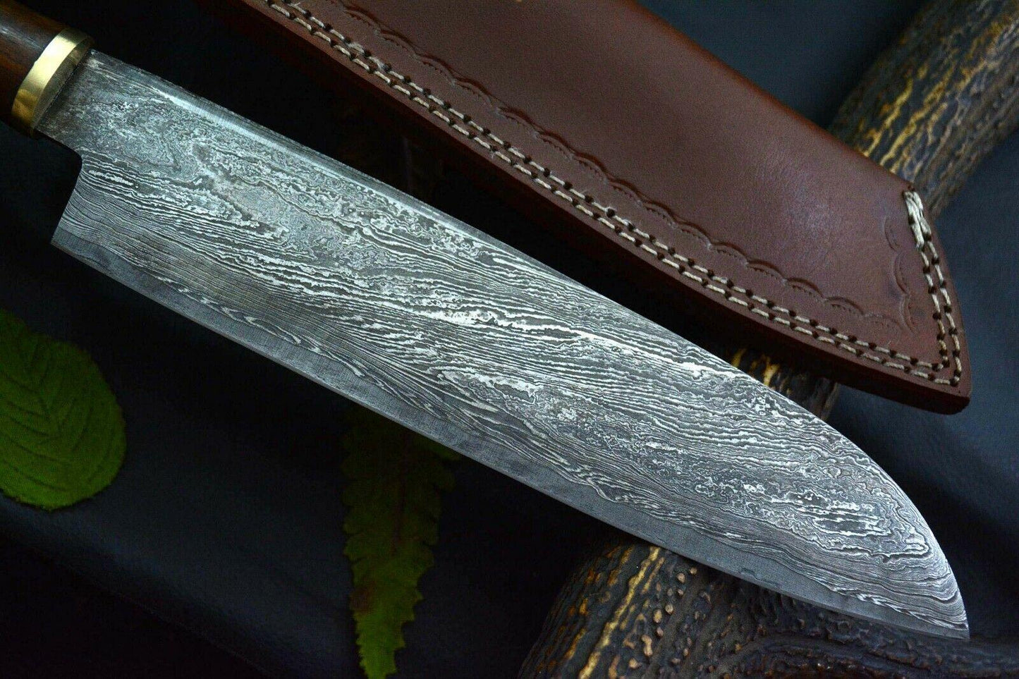 15.3" Custom San Mai Damascus Steel Chef Knife | Handmade Walnut Handle with Leather Sheath