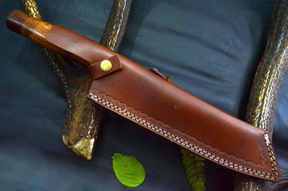 15.3" Custom San Mai Damascus Steel Chef Knife | Handmade Walnut Handle with Leather Sheath