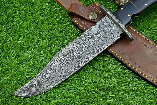 Heritage Forge 13 Inch Damascus Steel Bowie Knife with Genuine Bull Horn Handle & Leather Sheath