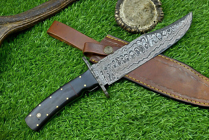 Heritage Forge 13 Inch Damascus Steel Bowie Knife with Genuine Bull Horn Handle & Leather Sheath