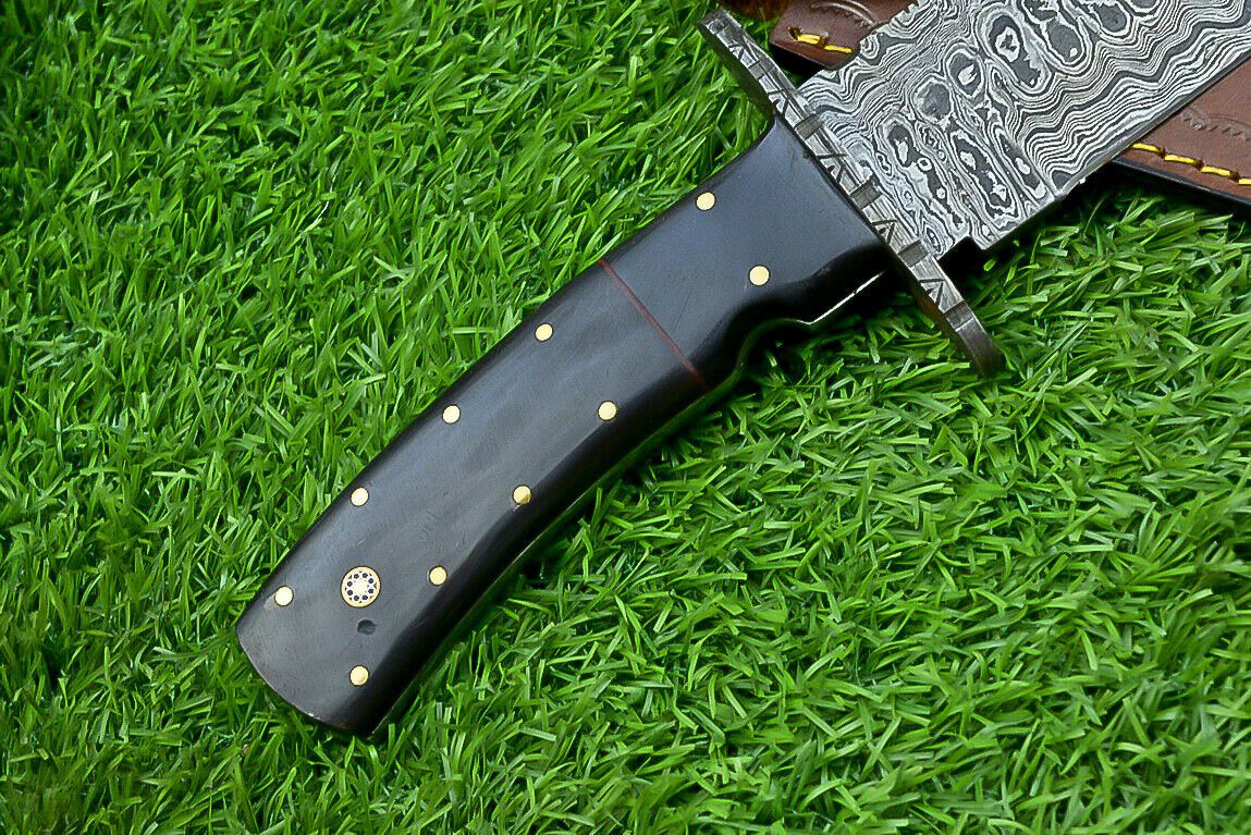 Heritage Forge 13 Inch Damascus Steel Bowie Knife with Genuine Bull Horn Handle & Leather Sheath