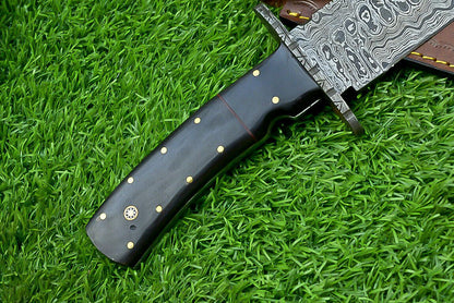 Heritage Forge 13 Inch Damascus Steel Bowie Knife with Genuine Bull Horn Handle & Leather Sheath