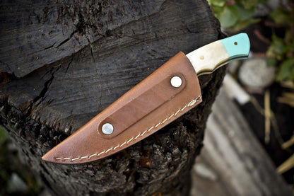 Rain Drop Damascus Skinner Knife with Bone Handle and Micarta Bolster – Custom Handmade Hunter
