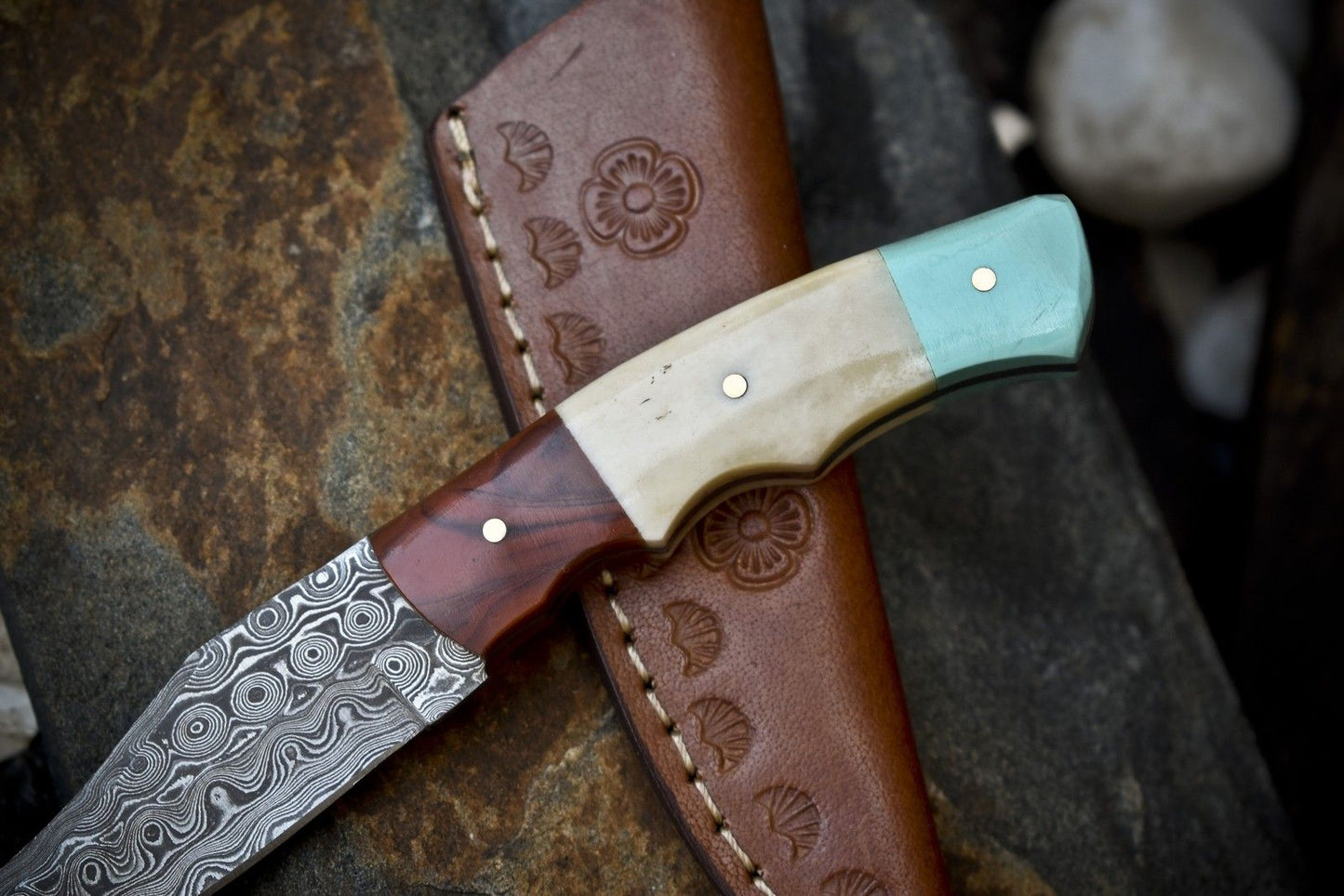 Rain Drop Damascus Skinner Knife with Bone Handle and Micarta Bolster – Custom Handmade Hunter