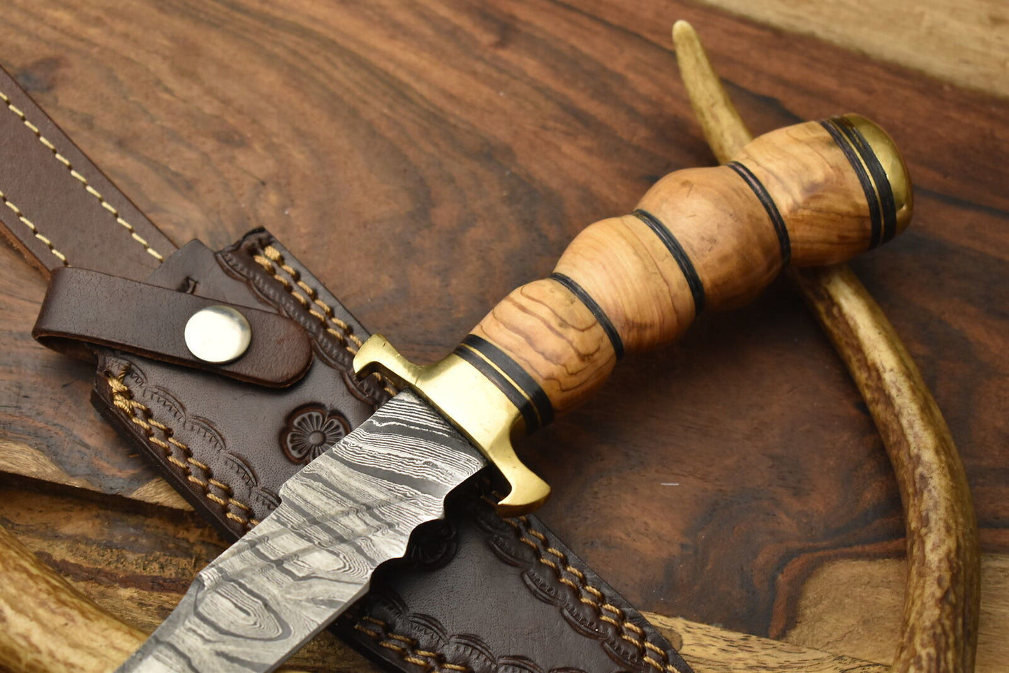 10 Inch Custom Hand Forged Damascus Steel Bowie Knife with Olive Wood Handle