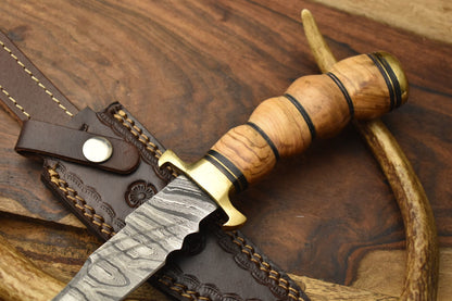 10 Inch Custom Hand Forged Damascus Steel Bowie Knife with Olive Wood Handle