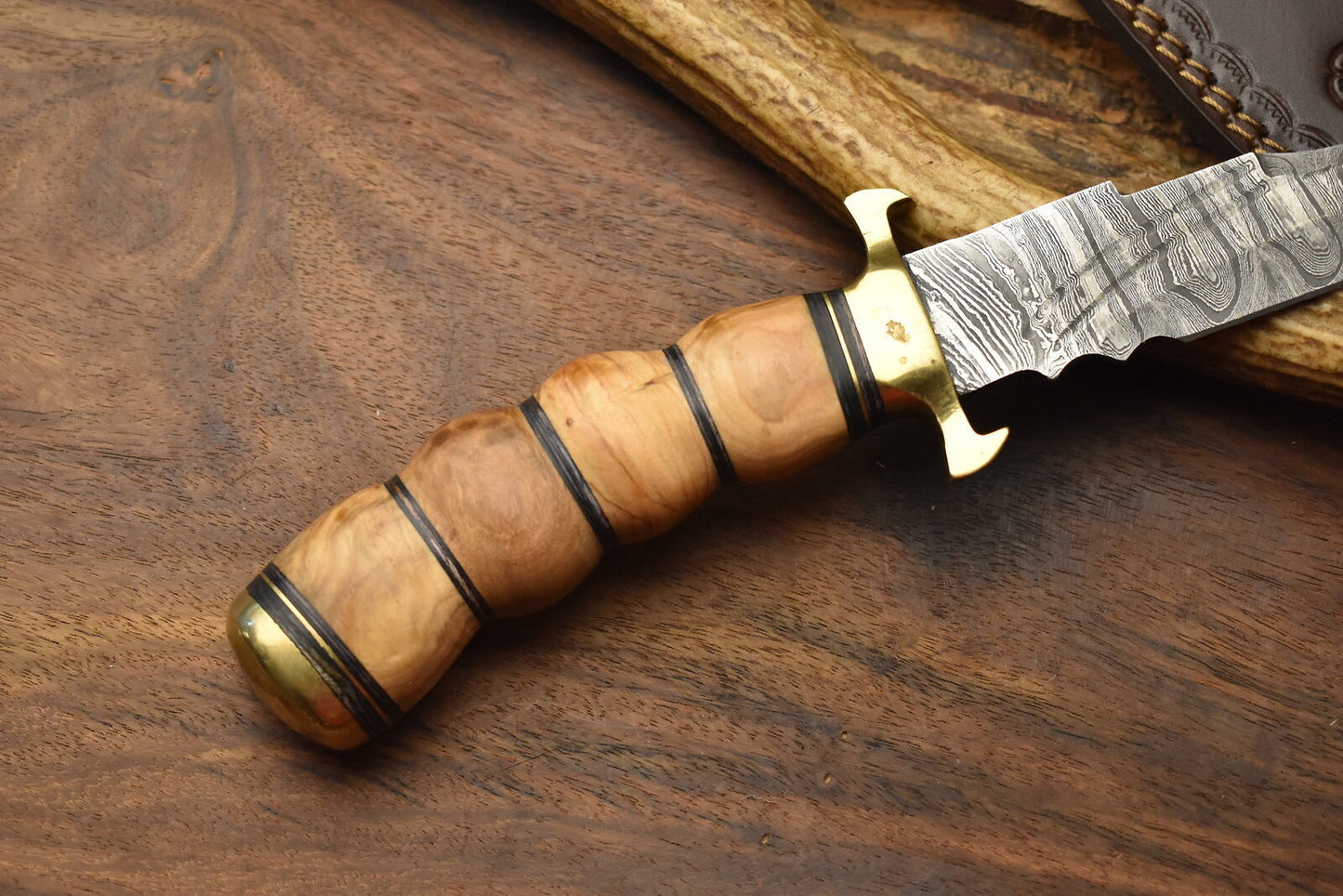 10 Inch Custom Hand Forged Damascus Steel Bowie Knife with Olive Wood Handle