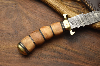 10 Inch Custom Hand Forged Damascus Steel Bowie Knife with Olive Wood Handle