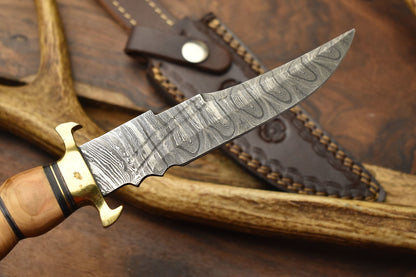 10 Inch Custom Hand Forged Damascus Steel Bowie Knife with Olive Wood Handle