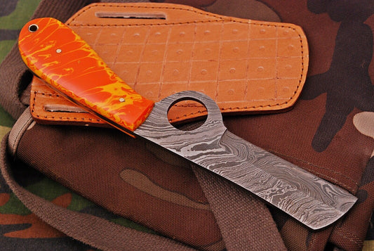 Hand Forged Damascus Steel Bull Cutter Knife Custom Cowboy Bull Knife with Resin Handle
