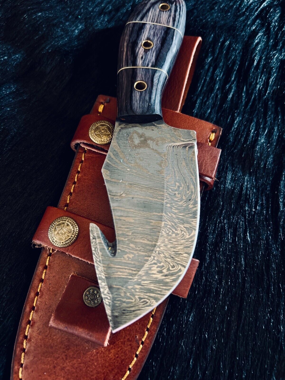 Heritage Forge 8 Inch Fire Damascus Gutuk Bowie Knife with Camel Bone and Wood Handle