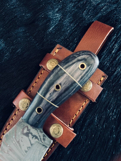 Heritage Forge 8 Inch Fire Damascus Gutuk Bowie Knife with Camel Bone and Wood Handle