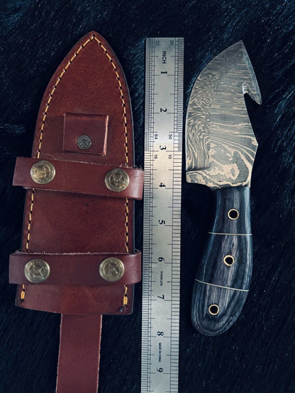 Heritage Forge 8 Inch Fire Damascus Gutuk Bowie Knife with Camel Bone and Wood Handle