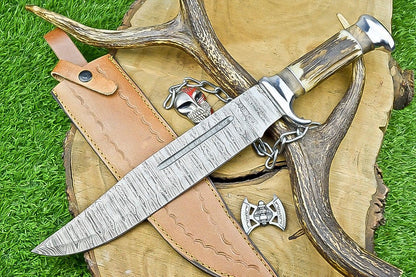 17" Handmade Damascus Steel Bowie Knife – Stag Horn Handle & Leather Sheath