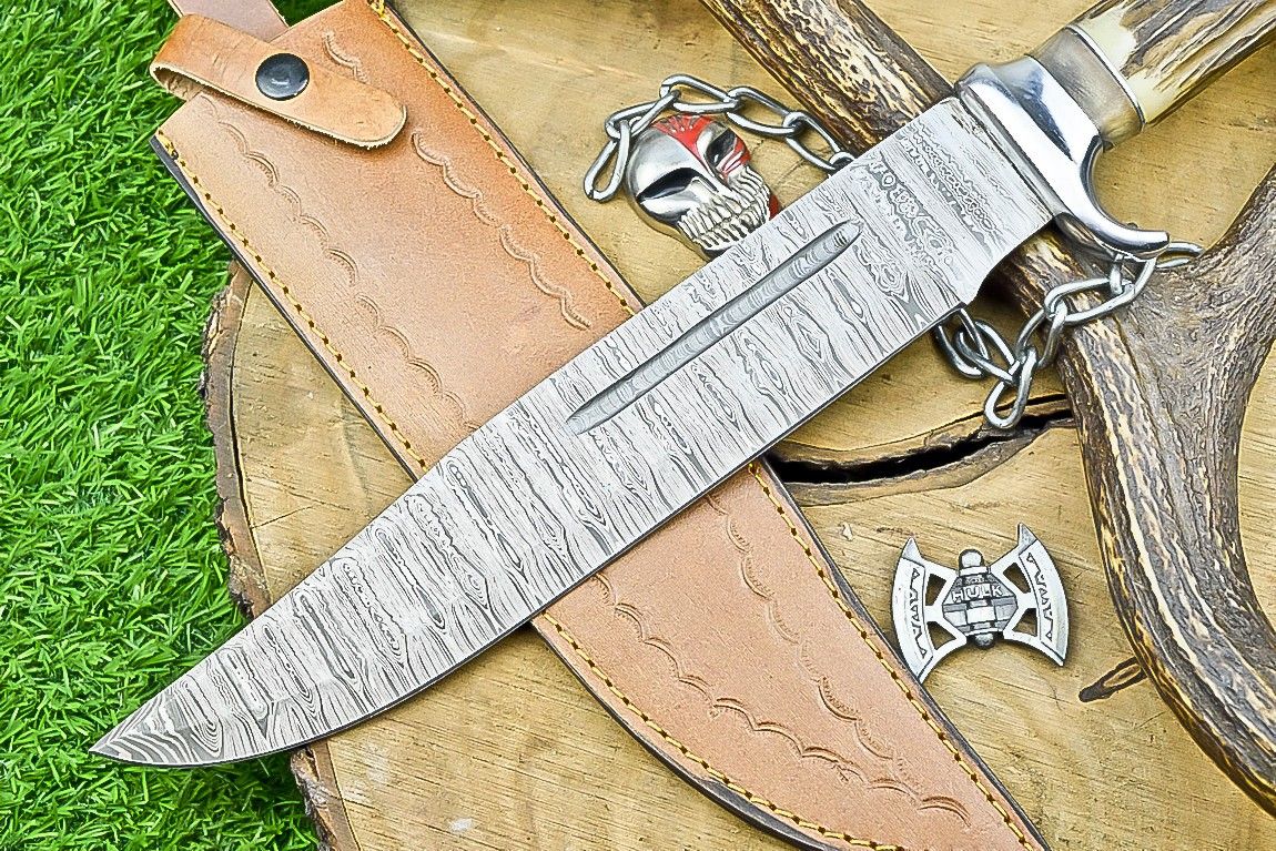 17" Handmade Damascus Steel Bowie Knife – Stag Horn Handle & Leather Sheath