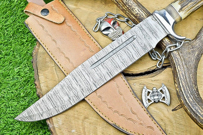 17" Handmade Damascus Steel Bowie Knife – Stag Horn Handle & Leather Sheath