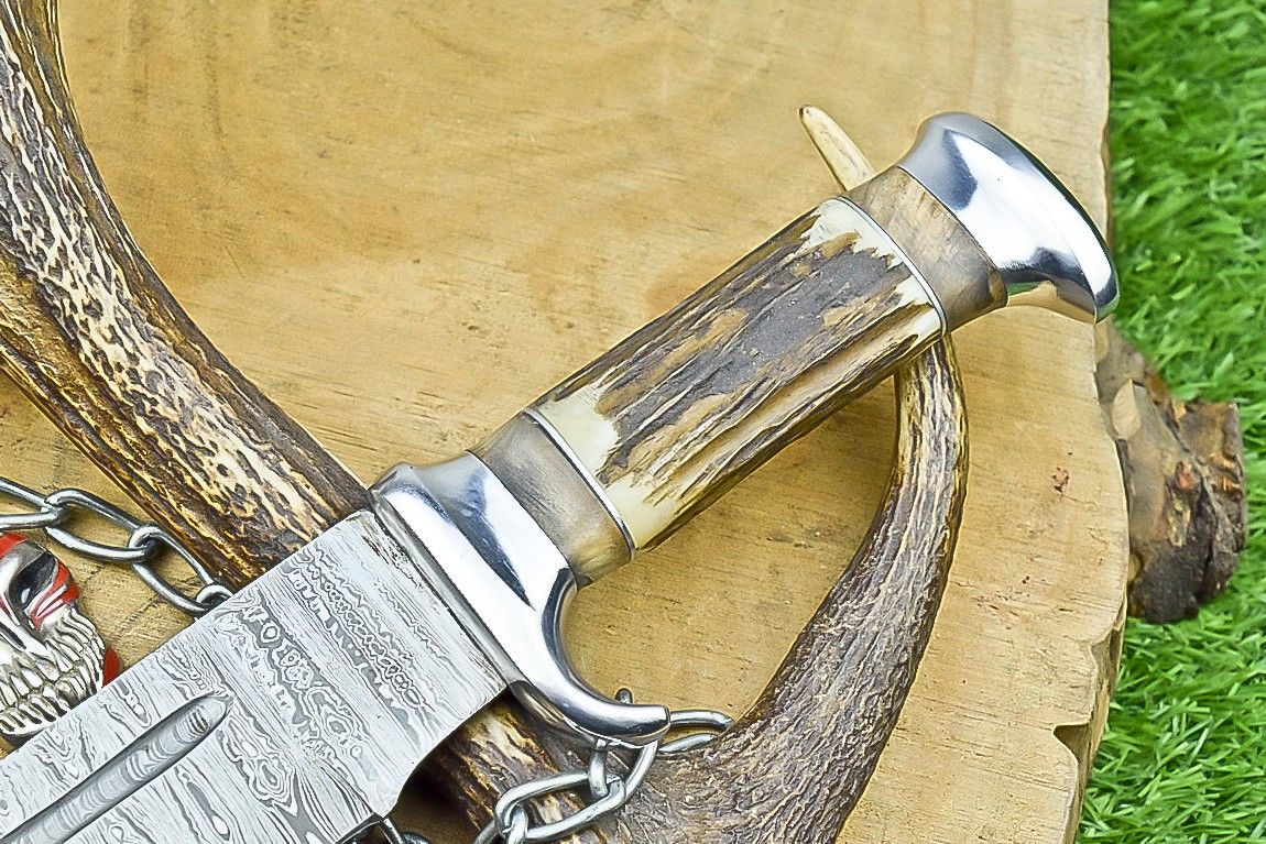 17" Handmade Damascus Steel Bowie Knife – Stag Horn Handle & Leather Sheath