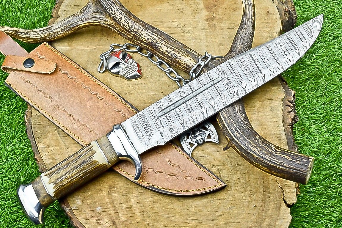 17" Handmade Damascus Steel Bowie Knife – Stag Horn Handle & Leather Sheath