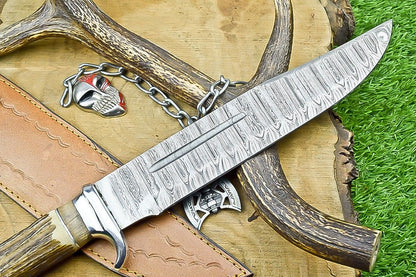 17" Handmade Damascus Steel Bowie Knife – Stag Horn Handle & Leather Sheath
