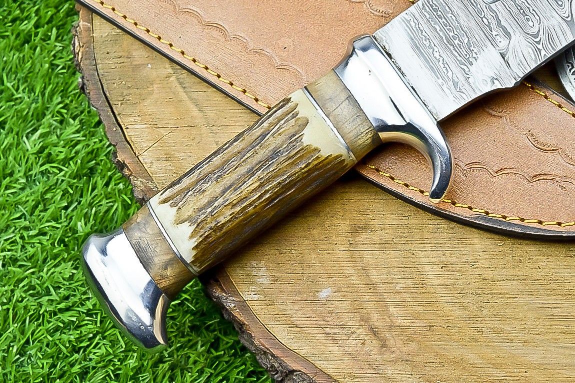 17" Handmade Damascus Steel Bowie Knife – Stag Horn Handle & Leather Sheath