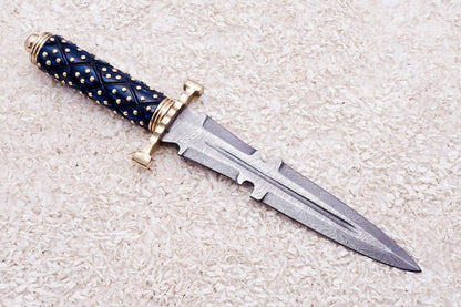Custom Damascus Steel Bowie Knife | 13" Olive Wood & Brass Handle with Leather Sheath