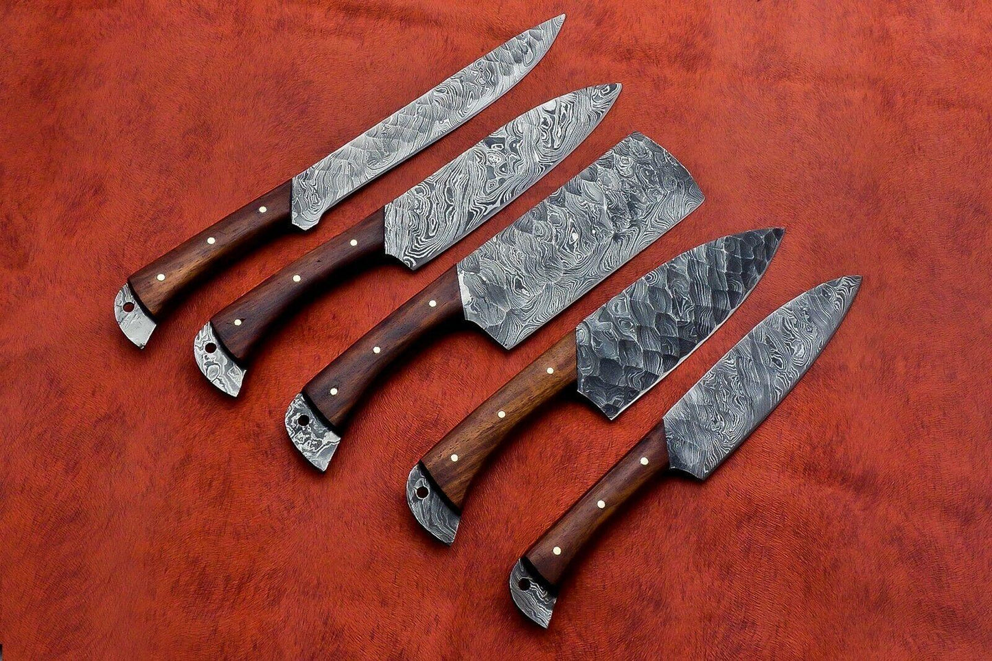 Custom Handmade Damascus Steel 5-Piece Chef Knife Set with Wood Handle