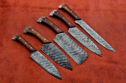 Custom Handmade Damascus Steel 5-Piece Chef Knife Set with Wood Handle