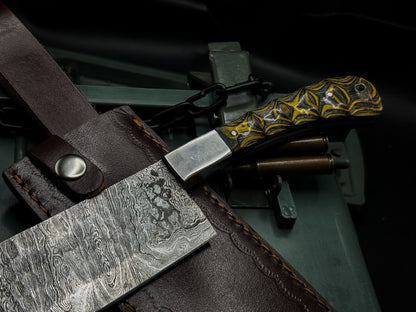 Handmade Damascus Steel Hunting Chef Cleaver Knife – Full Tang Wood Handle with Leather Sheath