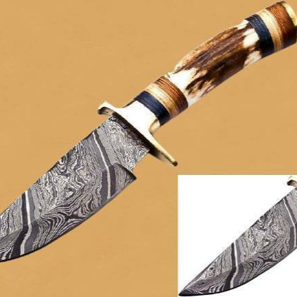 10" Heritage Forge Damascus Bowie Knife | Deer Antler Handle