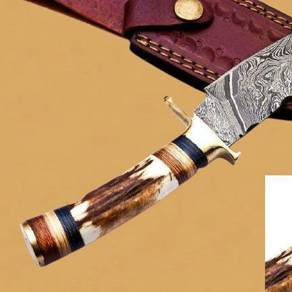 10" Heritage Forge Damascus Bowie Knife | Deer Antler Handle