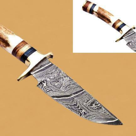 10" Heritage Forge Damascus Bowie Knife | Deer Antler Handle