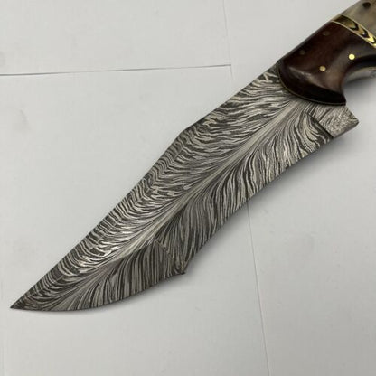 Heritage Forge Handmade Feather Pattern Damascus Steel Hunting Dagger Bowie Knife with Custom Design
