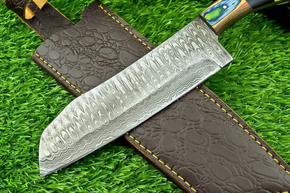 Stunning Handmade Damascus Steel Chef Knife | Custom Kitchen Knife with Camel Bone & Wood Handle